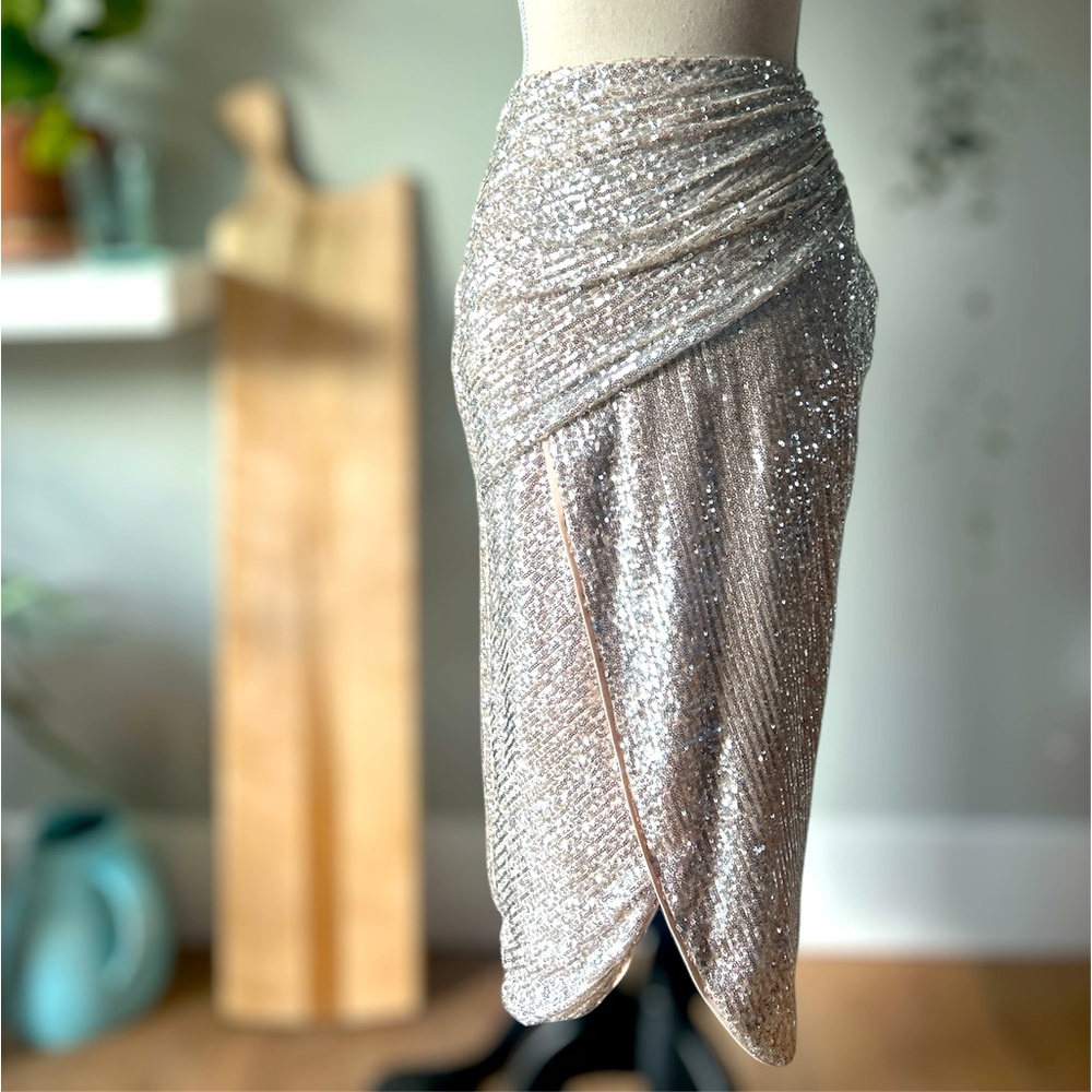 Lipsy Sequin Wrapover Pencil Skirt Metallic Gold Silver Neutral Midi Slit ASOS